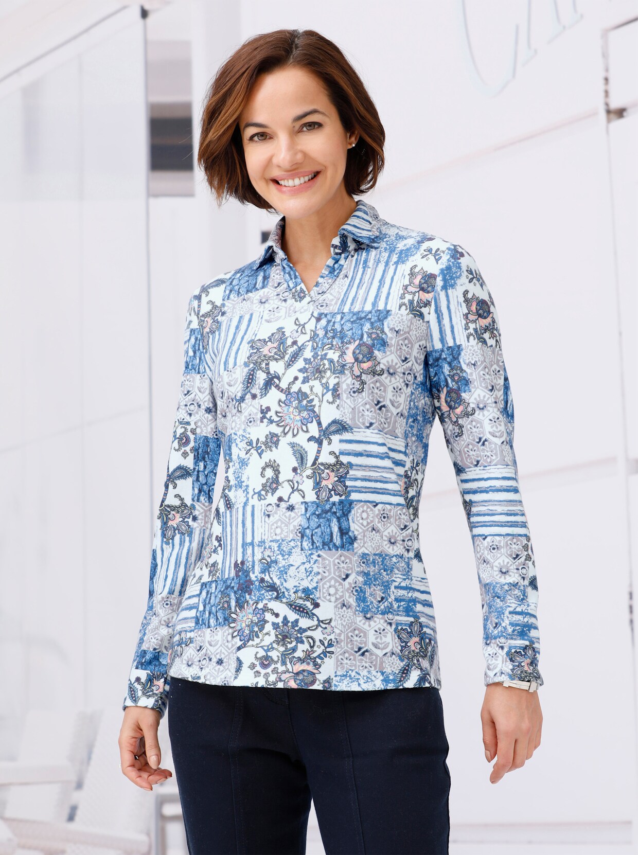Poloshirt - ecru-bleu-bedruckt