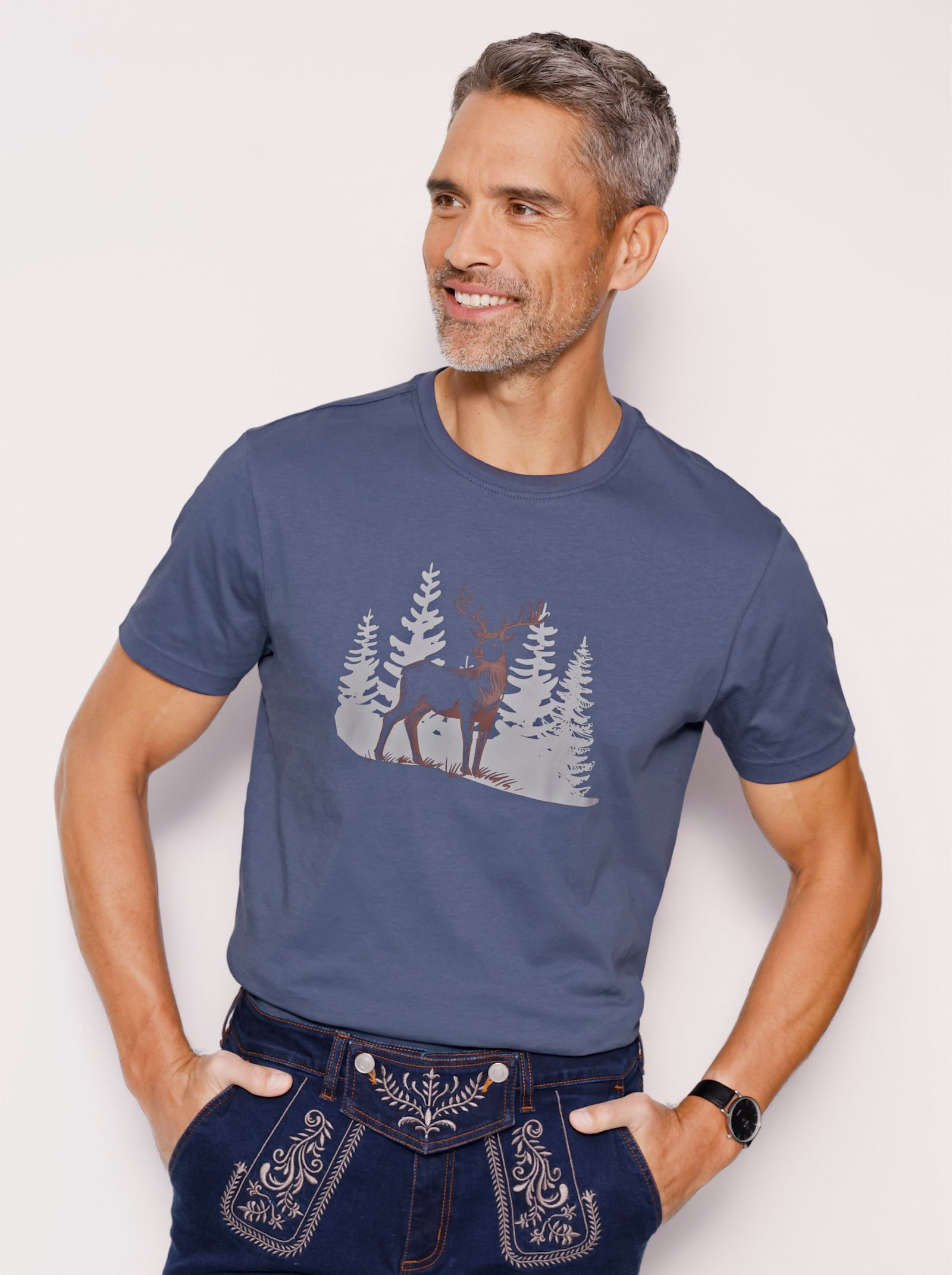 Kurzarmshirt mit platziertem Hirsch-Druck - rauchblau
