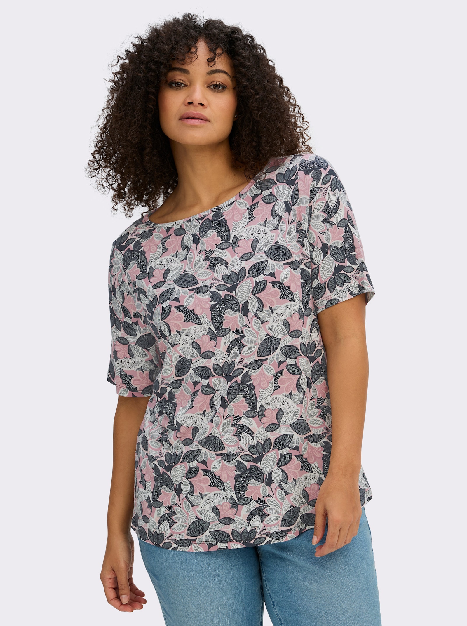 Print-Shirt mit paspeliertem U-Boot-Ausschnitt - hortensie-hellrosé-bedruckt