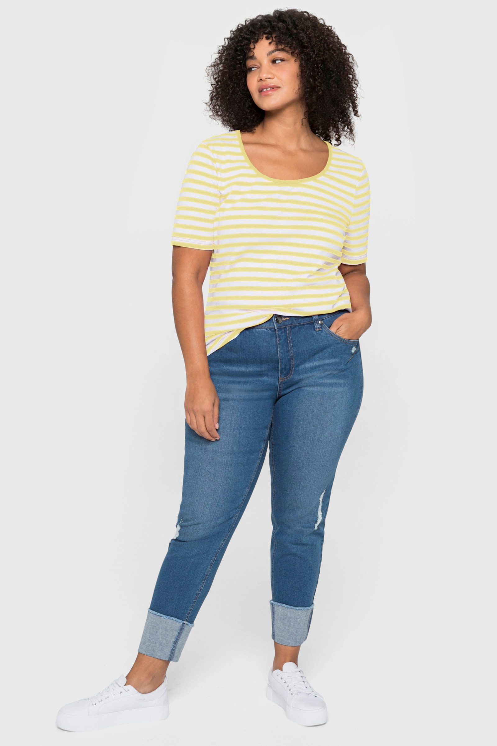 sheego Gestreept shirt met ronde hals - citroen/wit