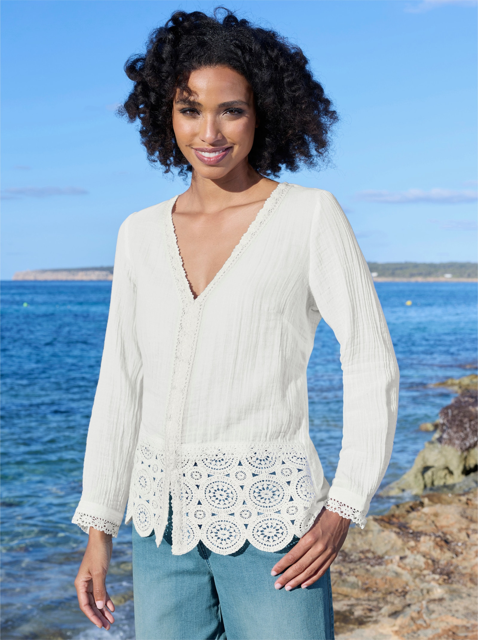 heine Langarm-Bluse mit Schößchen - ecru