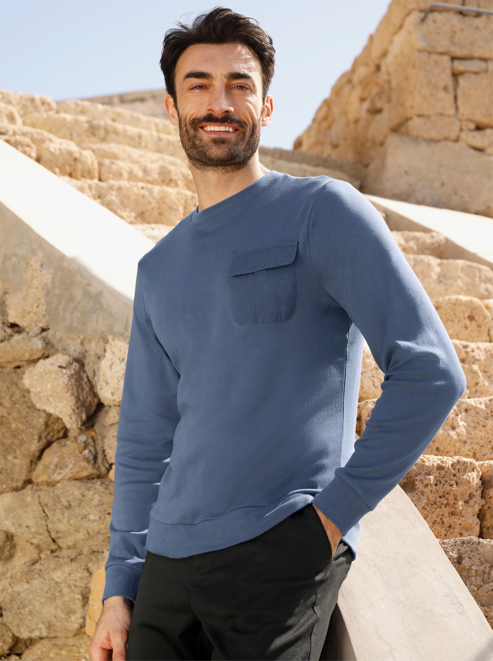 Catamaran Shirt met lange mouwen en borstzak met klittenbandsluiting - rookblauw