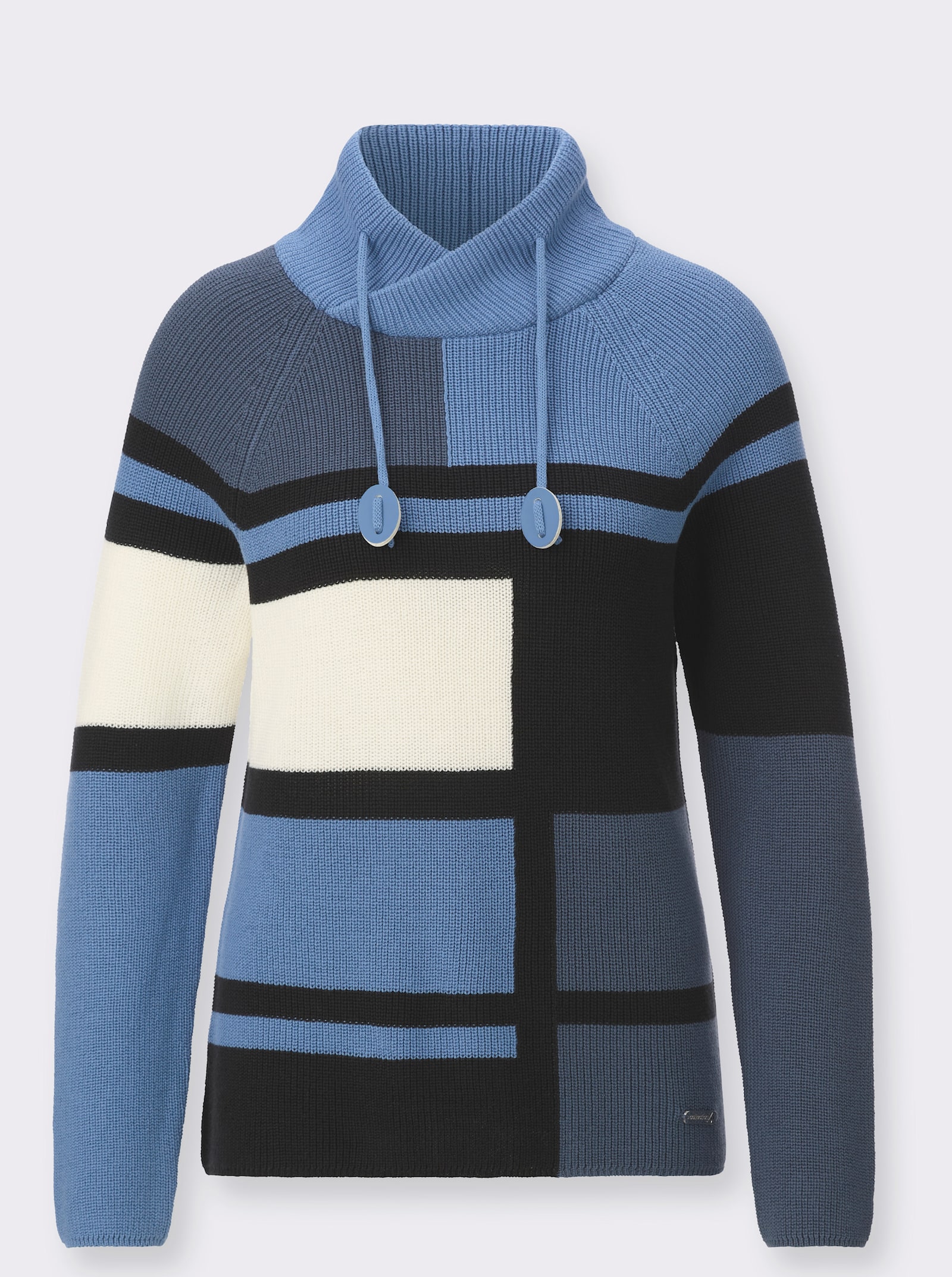 Stehkragenpullover mit Intarsien-Muster - rauchblau-ecru-gemustert