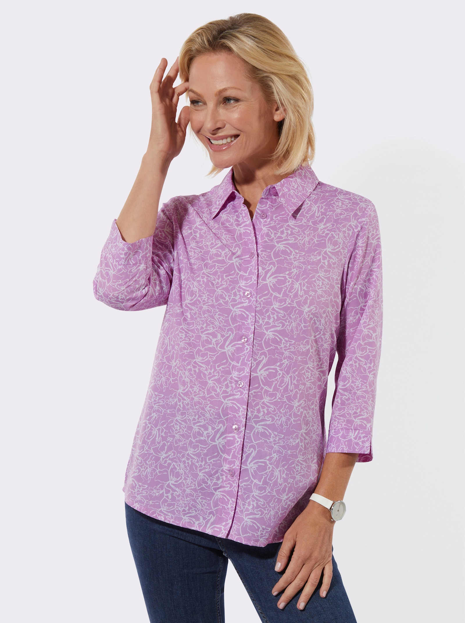 Hemdbluse im Blütendessin - orchidee-weiss-bedruckt