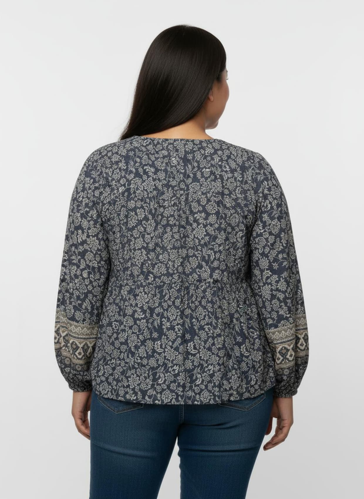 Druckbluse in Tunikaform - rauchblau-champagner-bedruckt