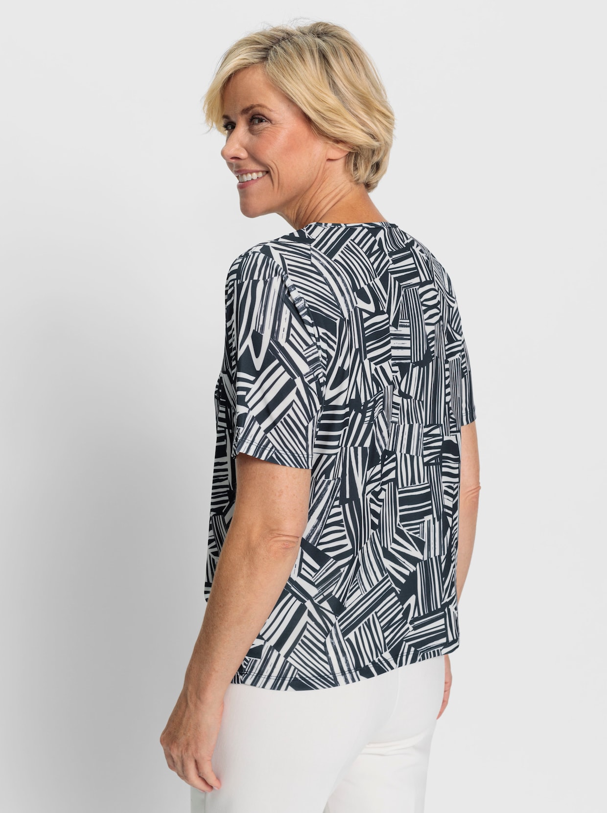 Shirt met ronde hals - marine/ecru geprint