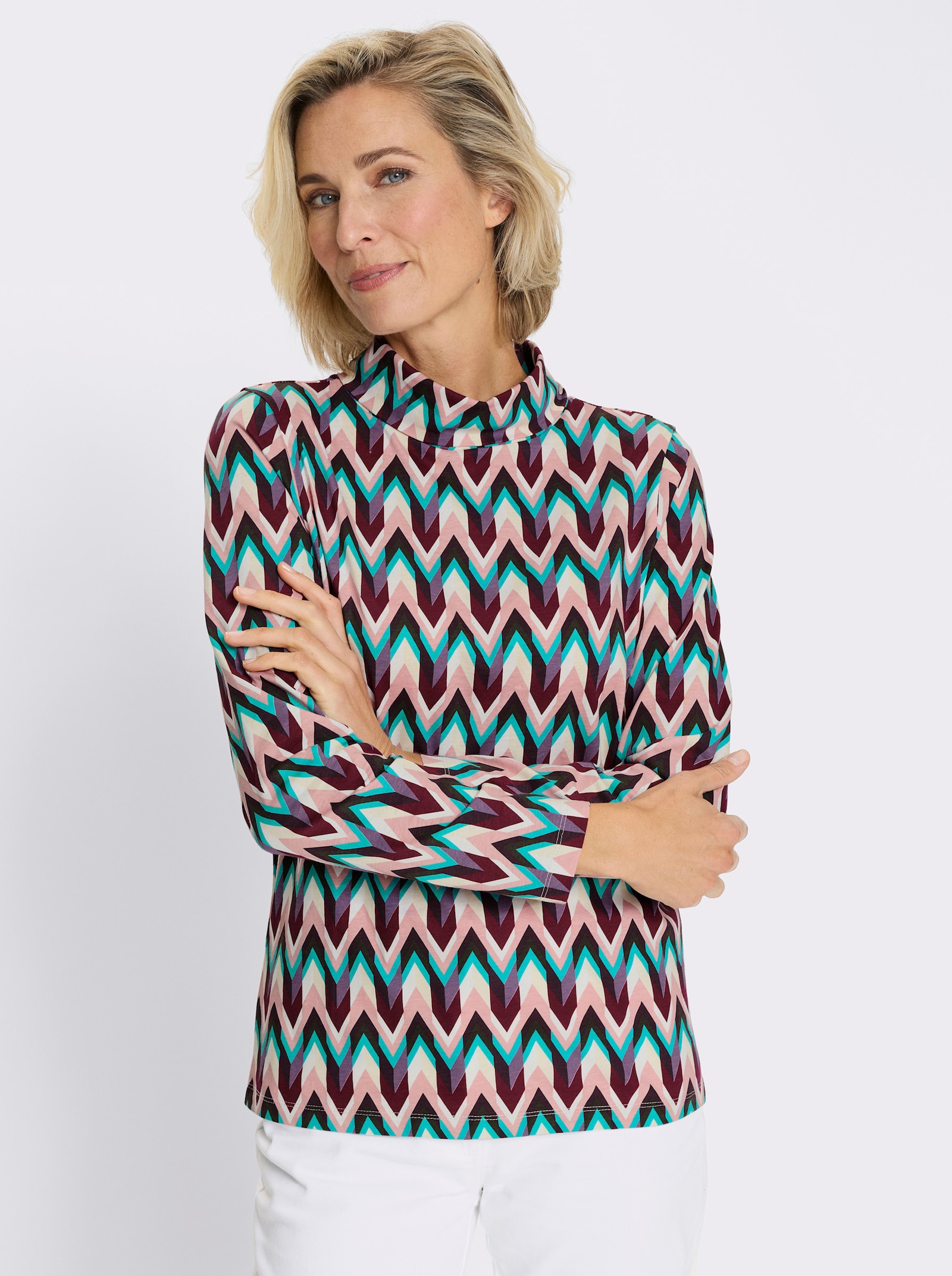 Rollkragenshirt aus reiner Baumwolle - ecru-bordeaux-bedruckt