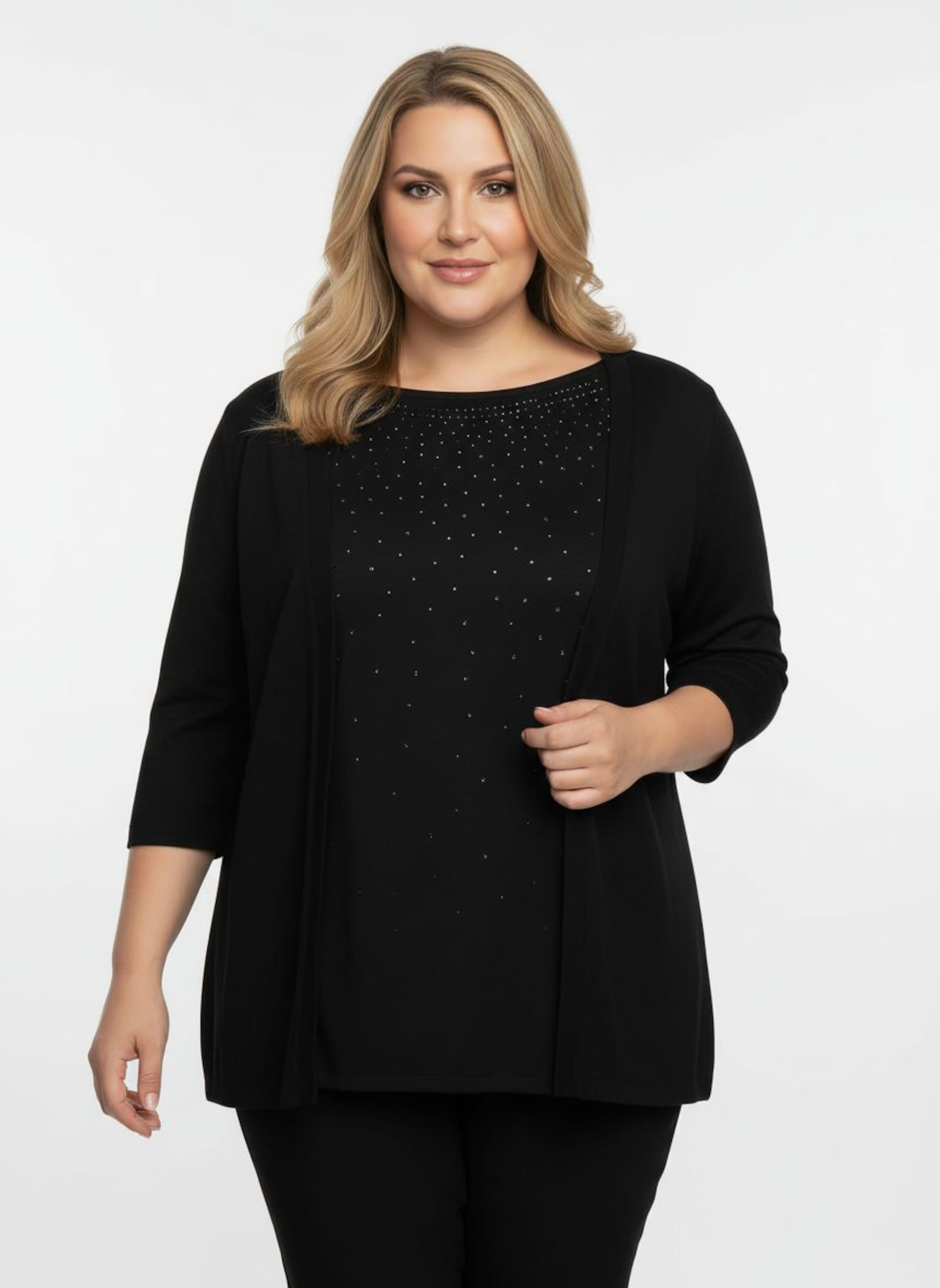 3/4-Arm-Shirt mit Glitzersteinchen - schwarz