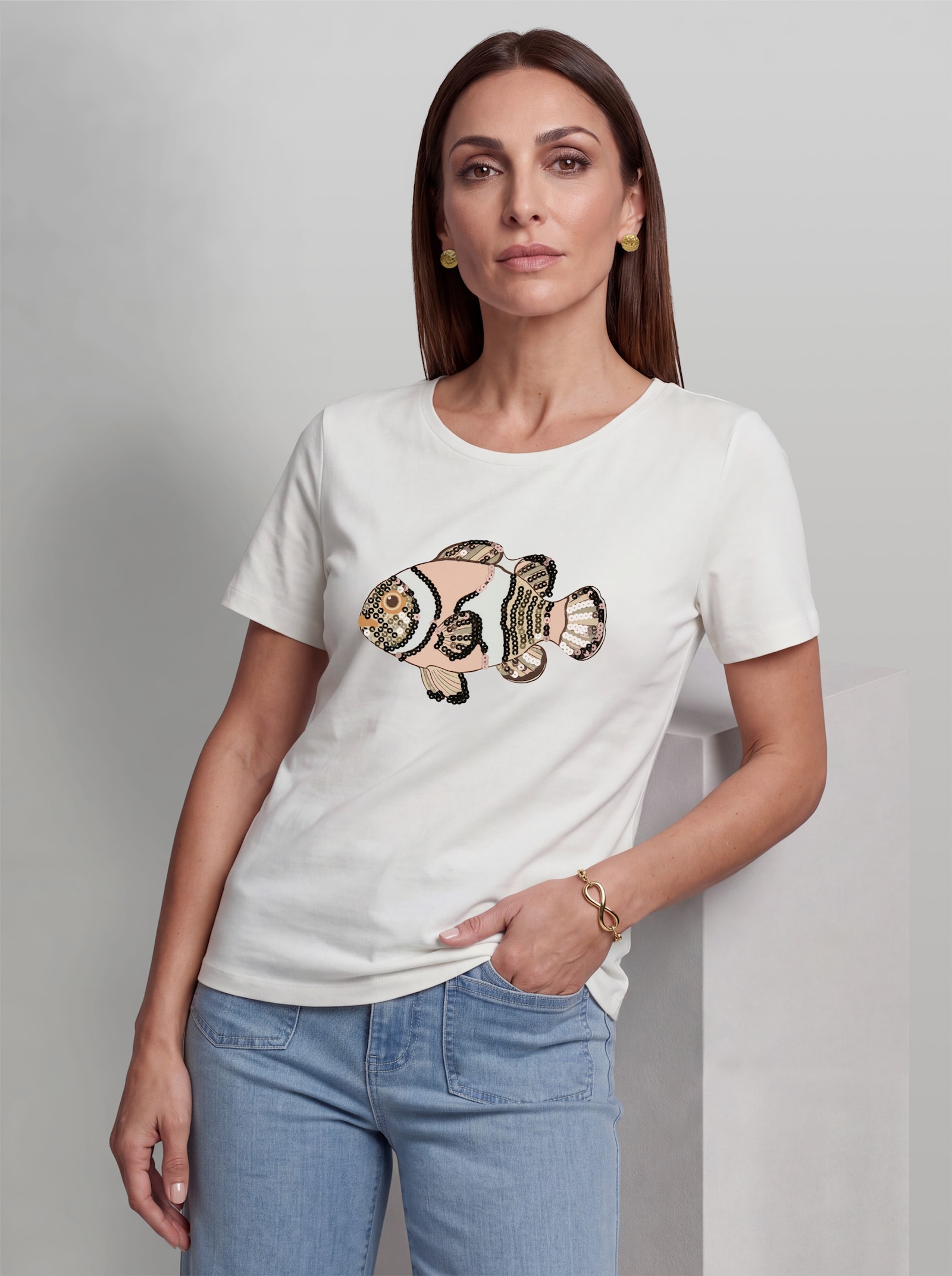 heine Kurzarmshirt mit Pailletten - ecru