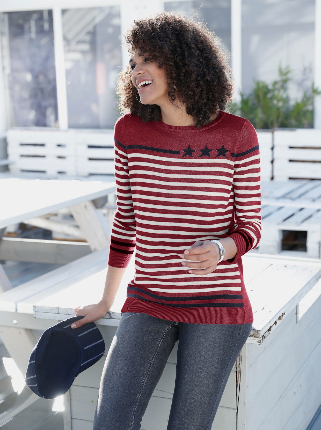 Pullover met ronde hals - rood/wit gestreept