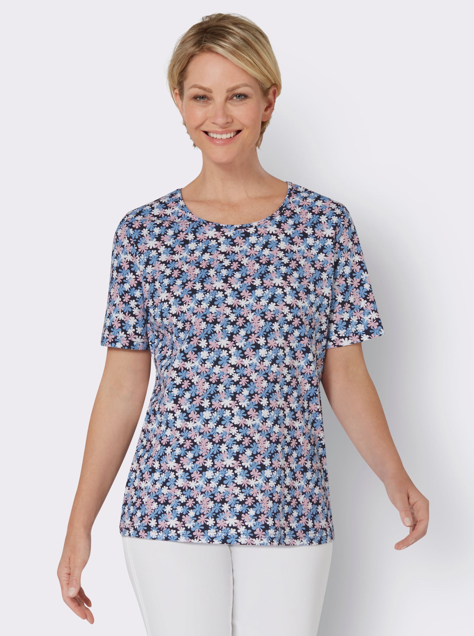 Shirt met korte mouwen en millefleurs-patroon - wit/marine geprint