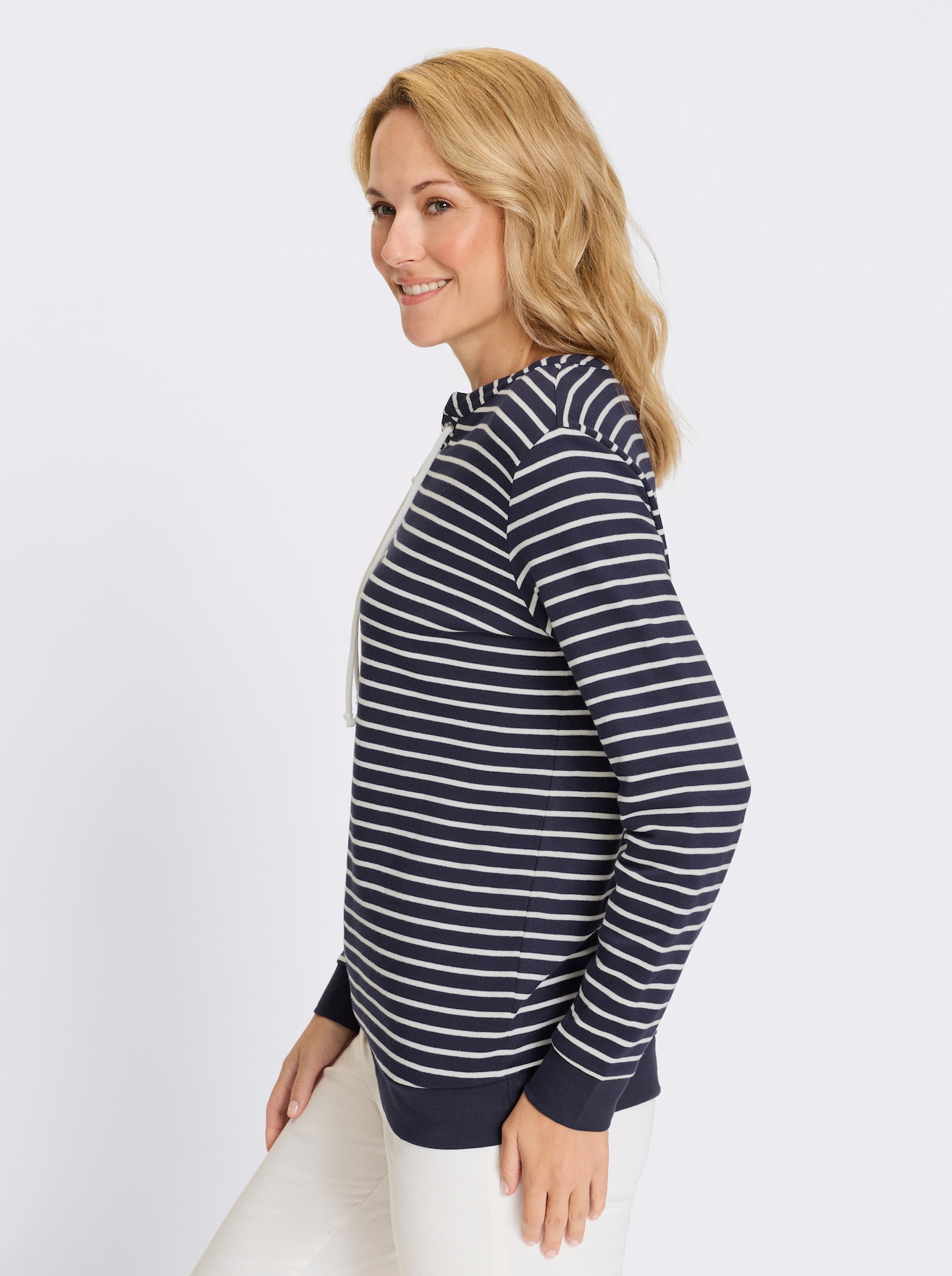 Sweatshirt aus Baumwolle, Interlock - marine-ecru-geringelt