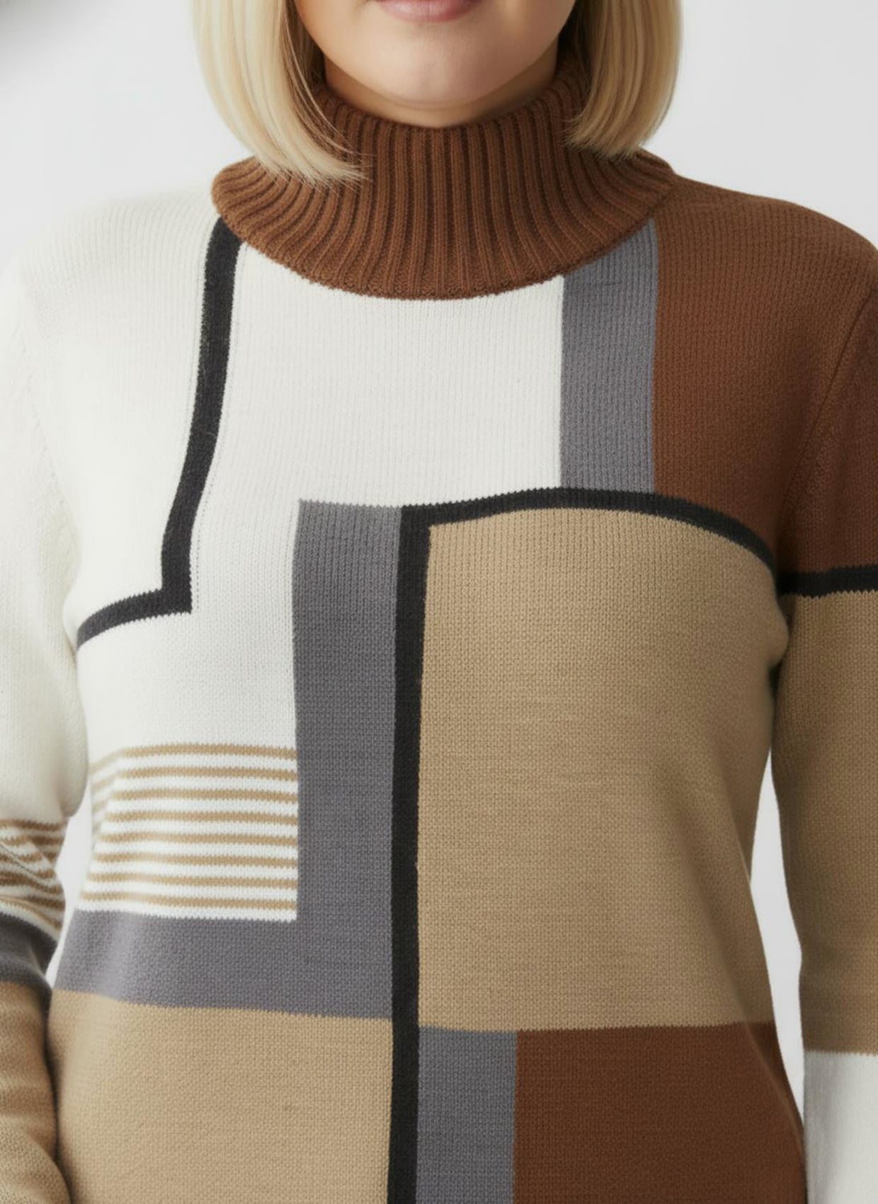 Stehkragenpullover mit Intarsien-Strick - ecru-camel-gemustert