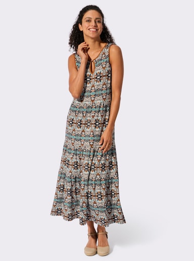 Jerseykleid im Ethnomuster - schwarz-cognac-bedruckt