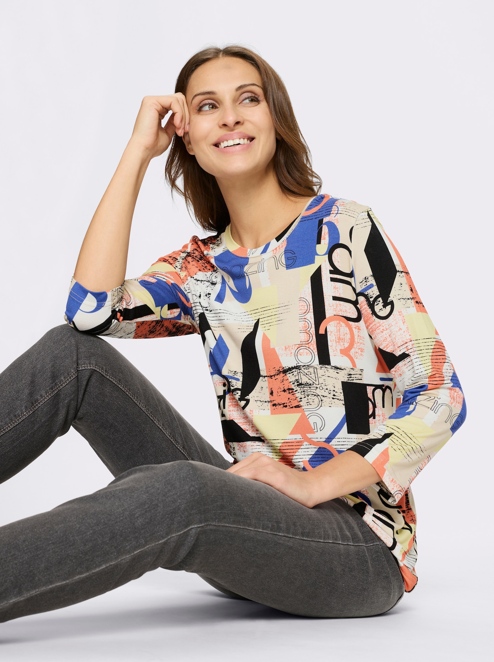 Print-Shirt mit 3/4-Ärmeln - royalblau-orange-bedruckt