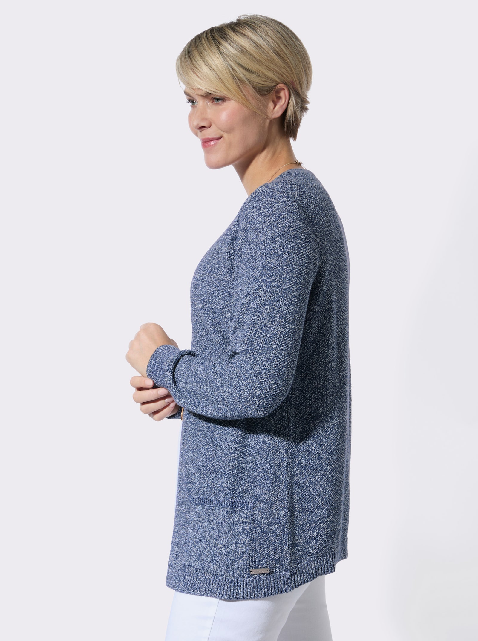 Strickjacke in verschlussloser Form - jeansblau-ecru-meliert