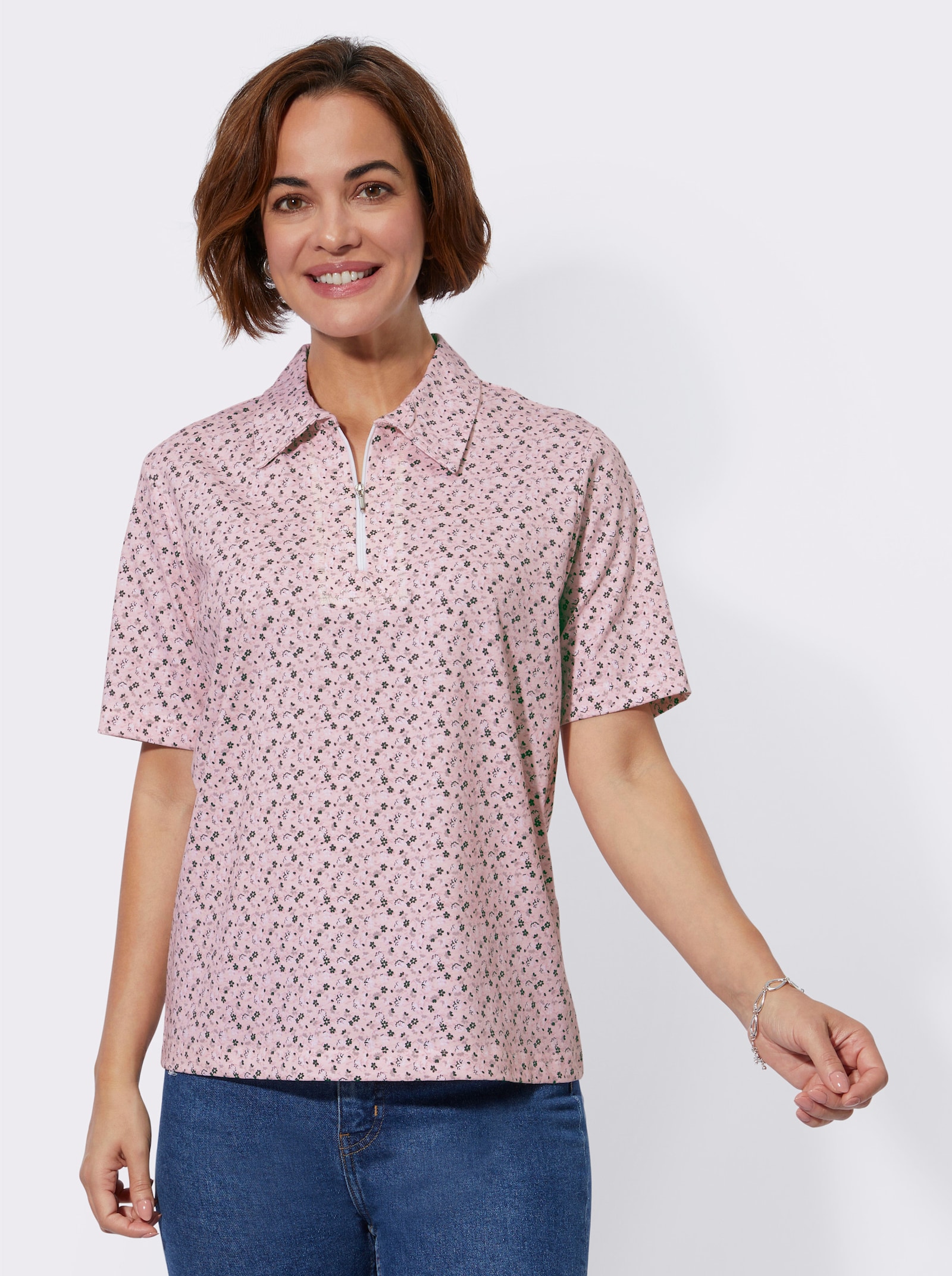 Poloshirt aus Baumwolle, bedruckt - hellrosé-weiss-bedruckt