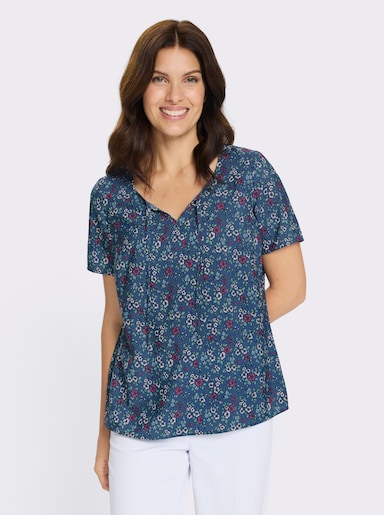 Schlupfbluse mit Millefleurs - jeansblau-fuchsia-bedruckt