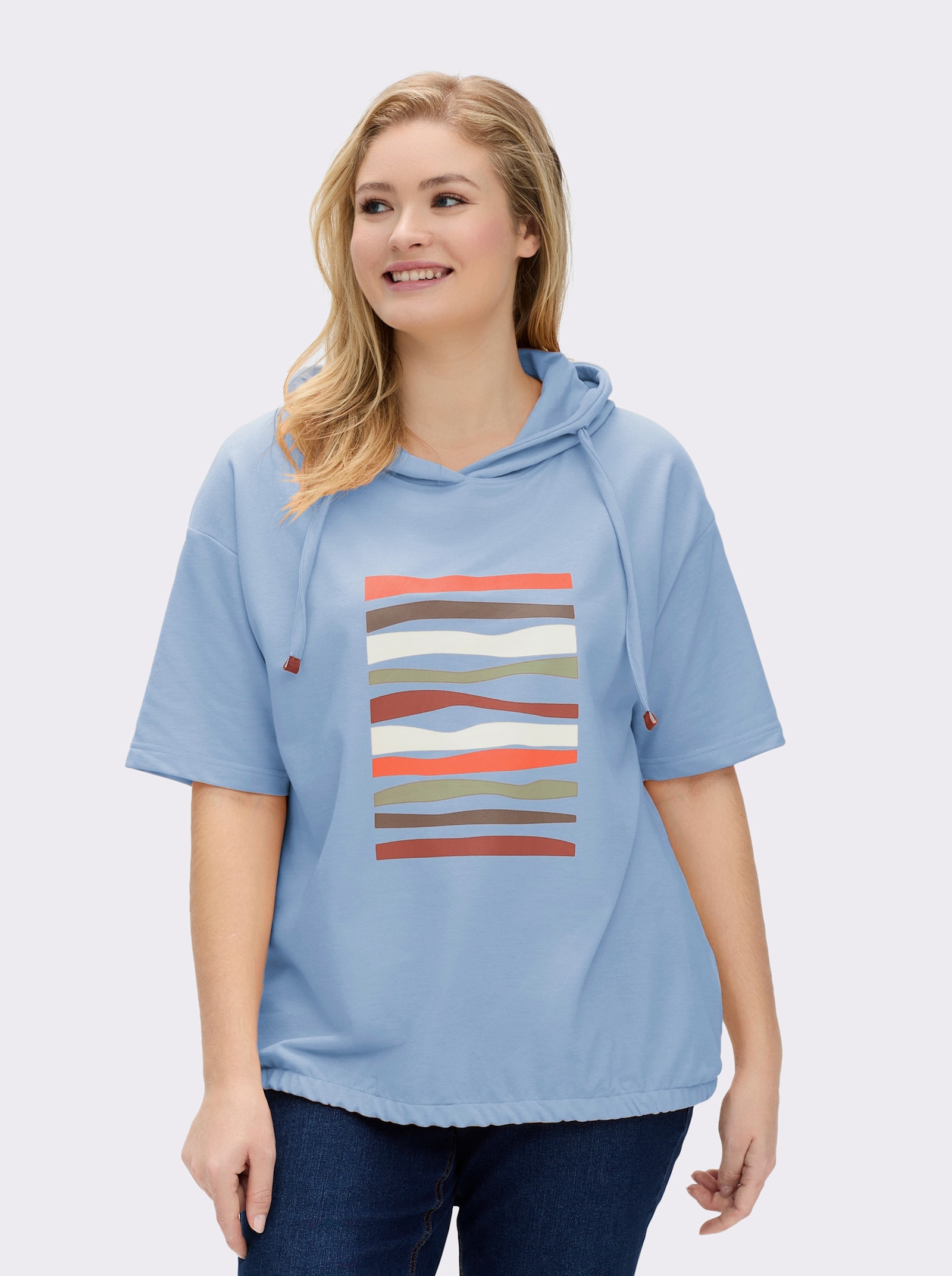 Kapuzensweatshirt mit elastischem Saum - eisblau-ecru-bedruckt