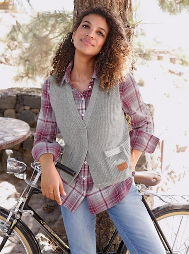 Strickweste mit Ripp-Abschlüssen - steingrau-ecru-meliert