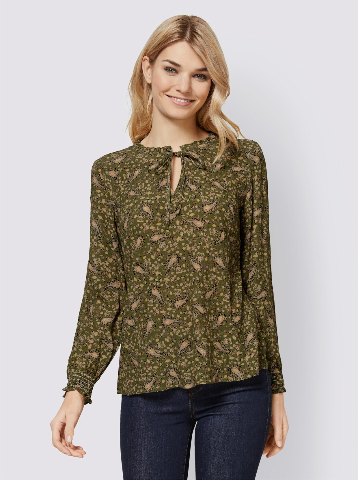 heine Druckbluse - olive-gelb-bedruckt