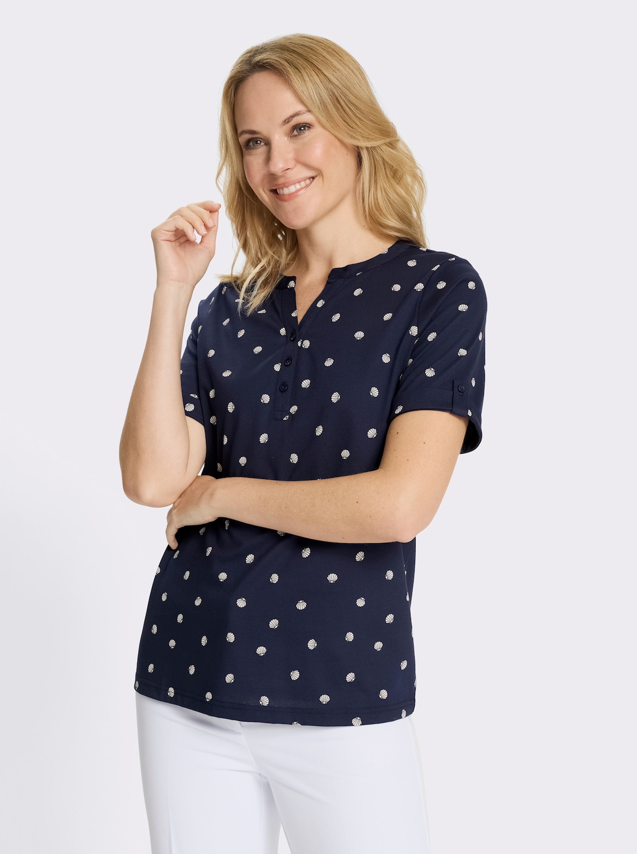 Kurzarmshirt im maritimen Dessin - marine-ecru-bedruckt