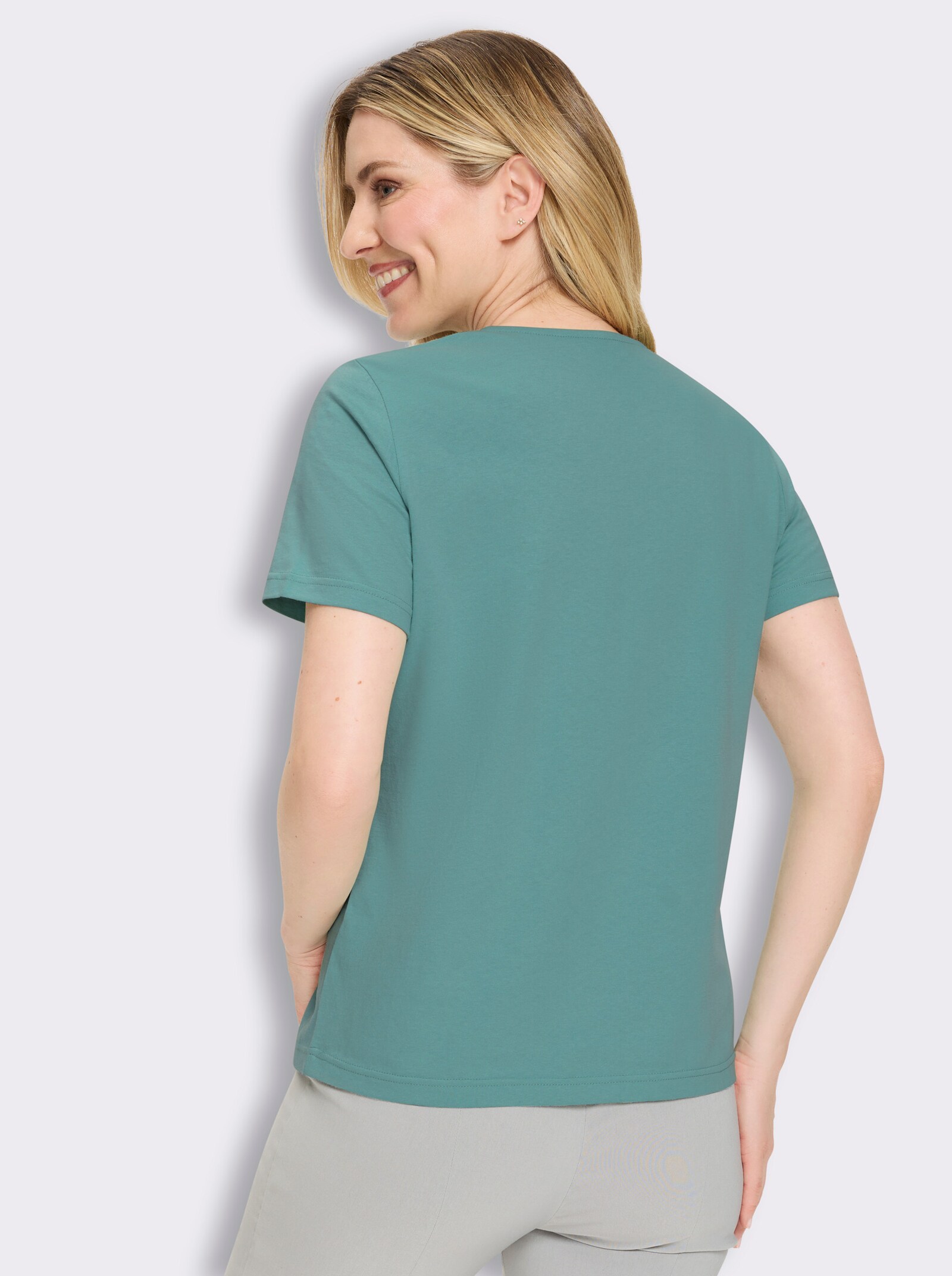 Kurzarmshirt mit Glitzersteinchen - salbei
