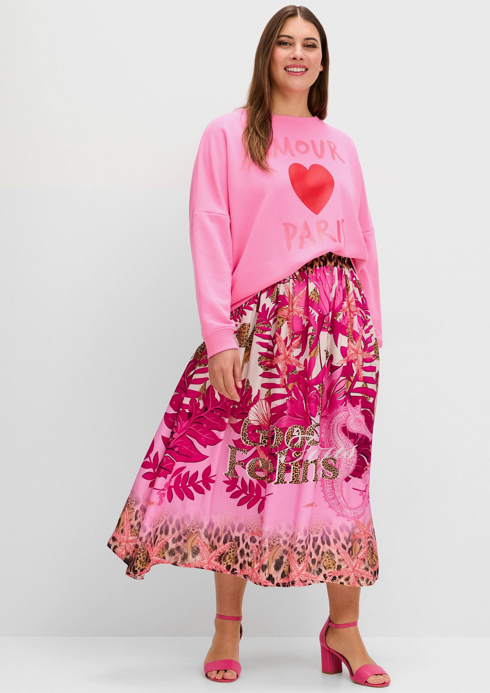 sheego loves miss goodlife Sweatshirt Frontdruck und Rundhals - pink bedruckt