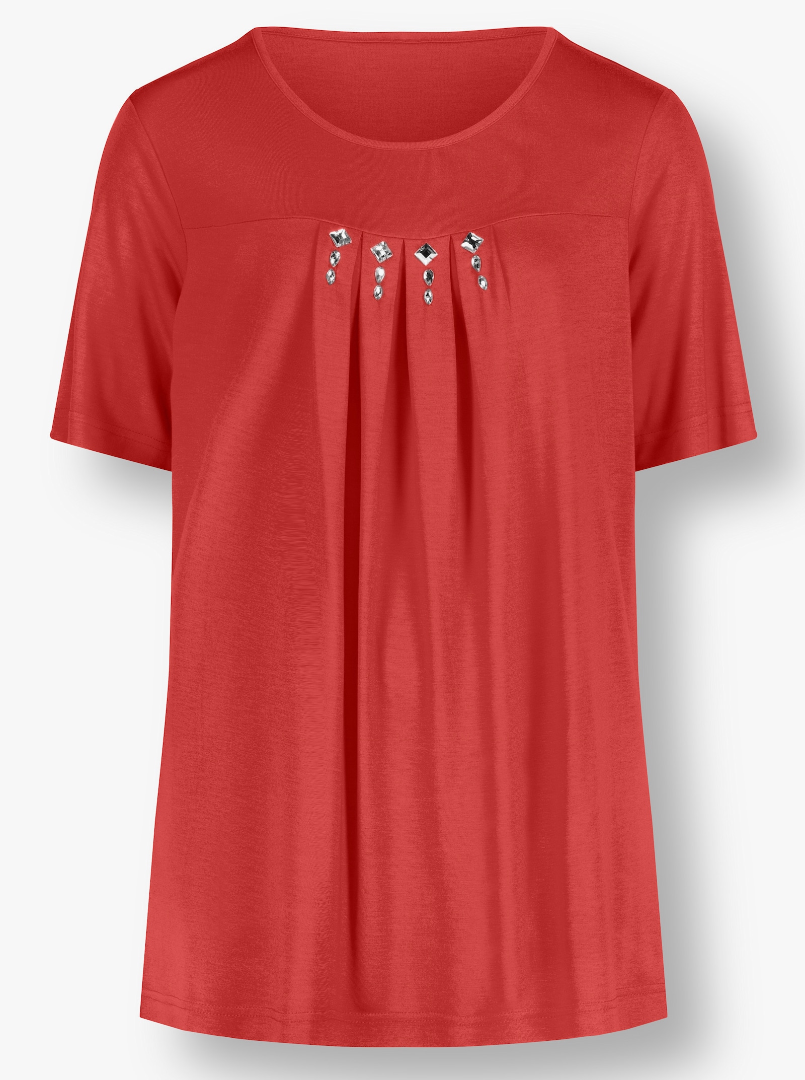 Shirt met korte mouwen en siersteentjes, pure viscose - aardbei