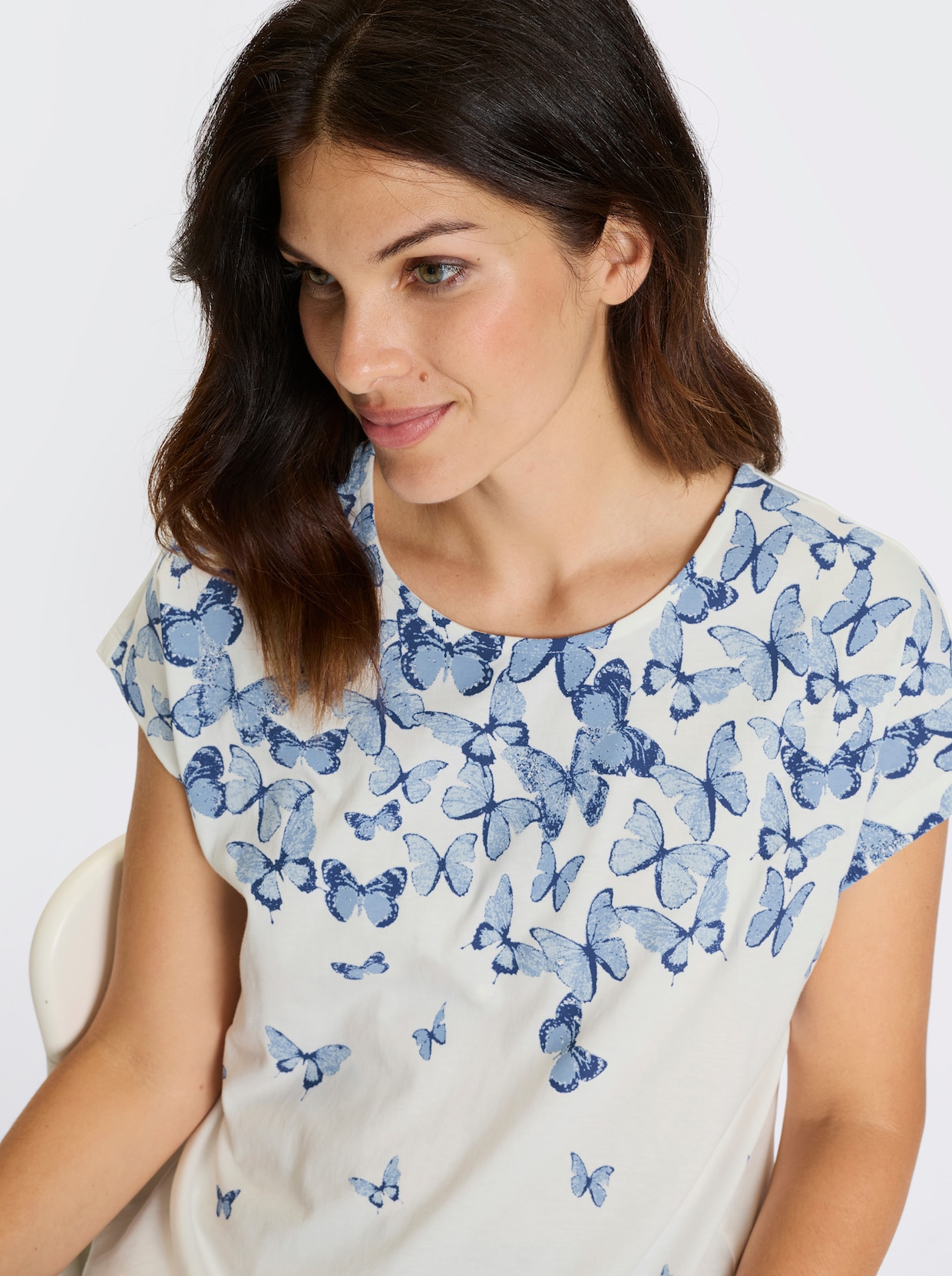 Kurzarmshirt - ecru-royalblau