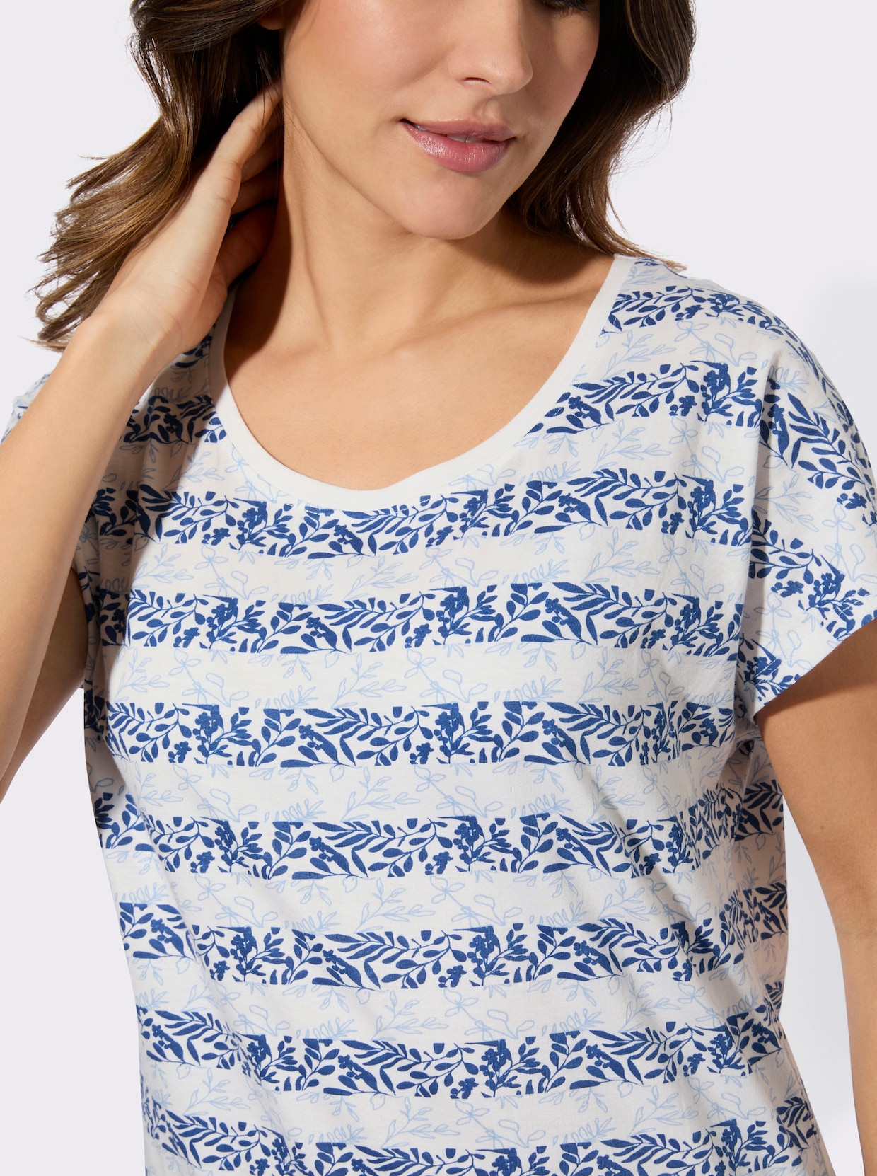 Kurzarmshirt mit floralem Streifendruck - ecru-royalblau-bedruckt