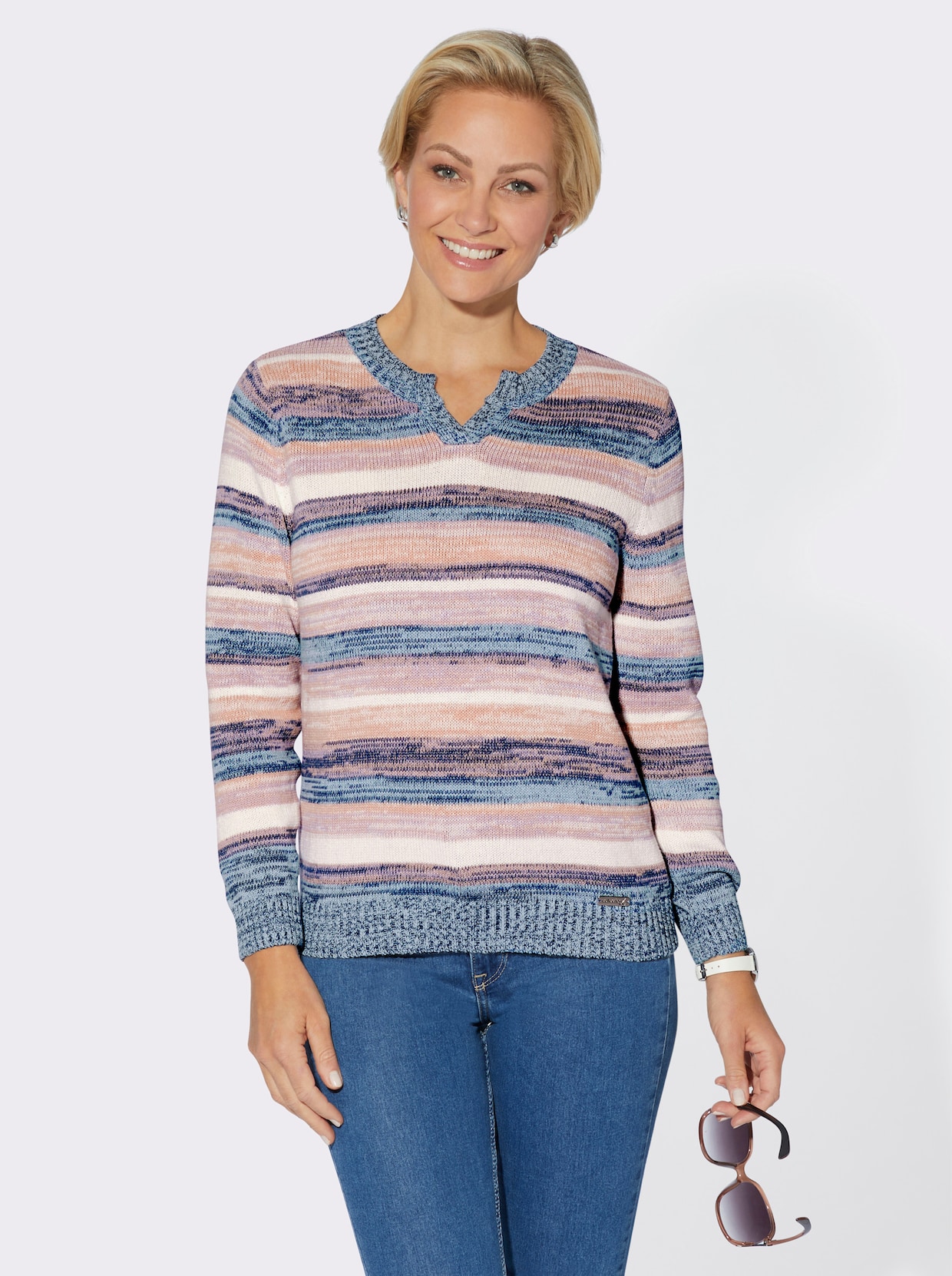 Langarm-Pullover - taubenblau-puder-meliert