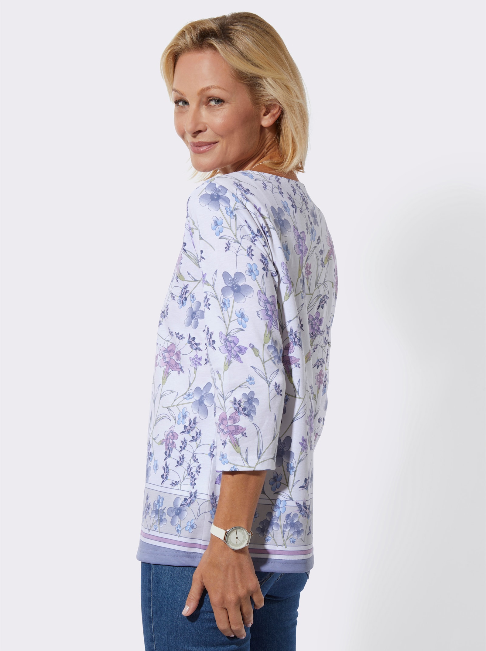 Rundhalsshirt in Baumwoll-Qualität - orchidee-lindgrün-bedruckt