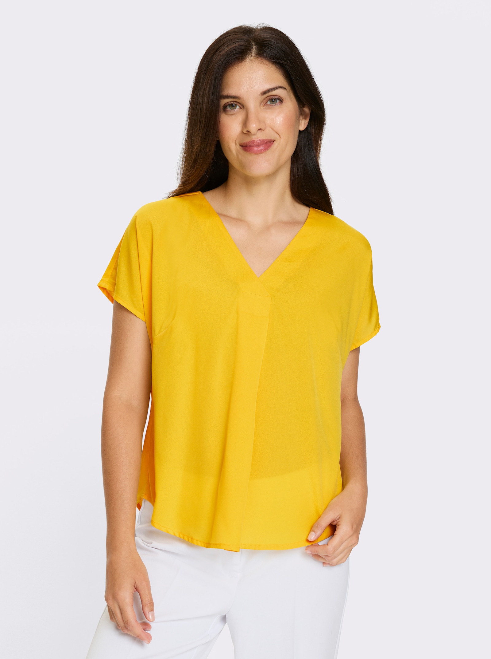 Blouse met korte mouwen en plooi voor - zonnegeel