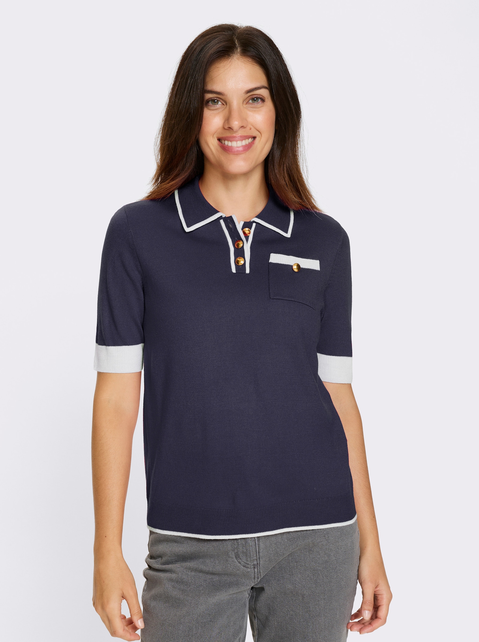 Kurzarmpullover mit Polokragen - marine-weiß