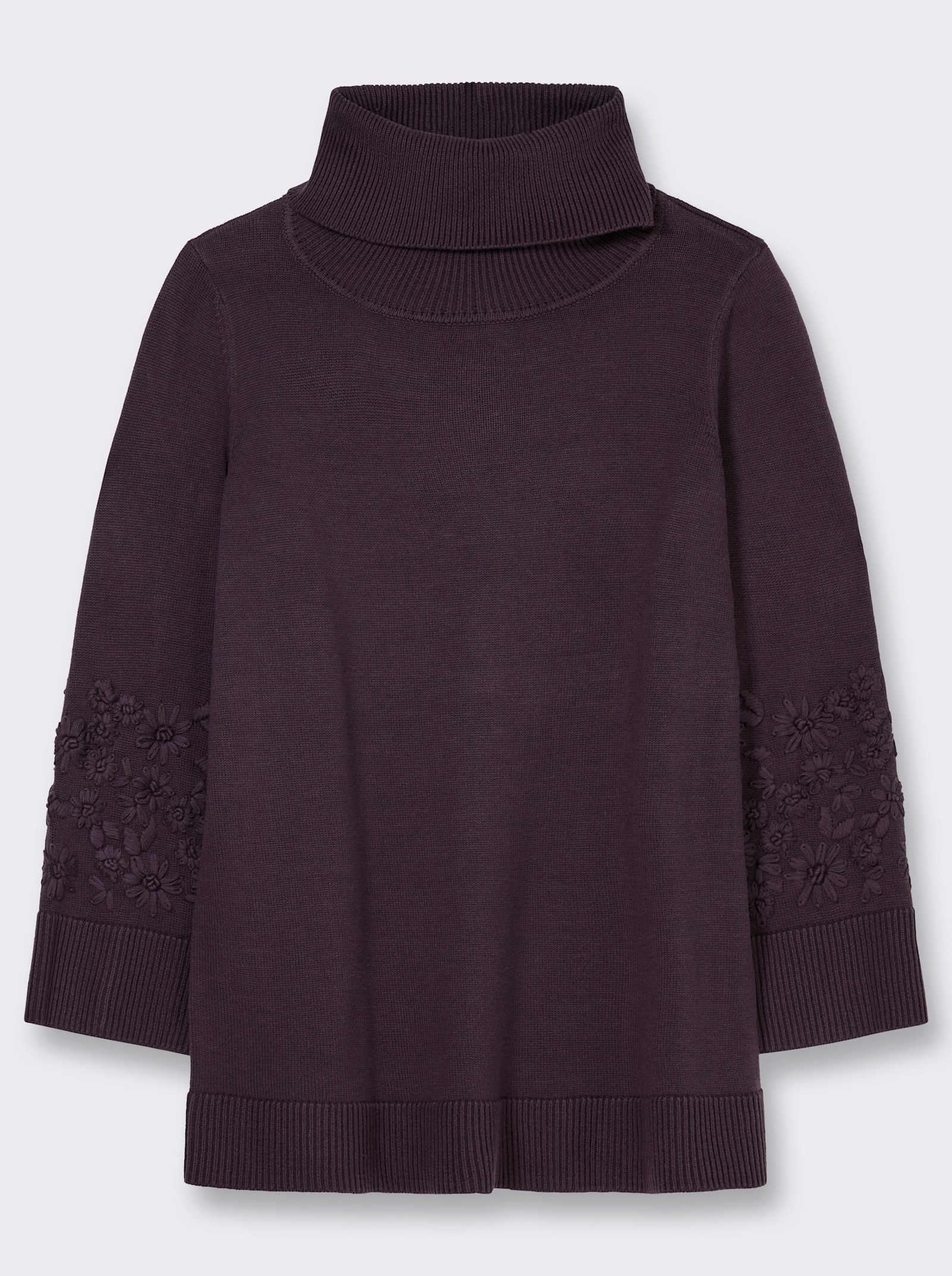 sheego Rollkragenpullover mit Stickereien am Ärmel - aubergine