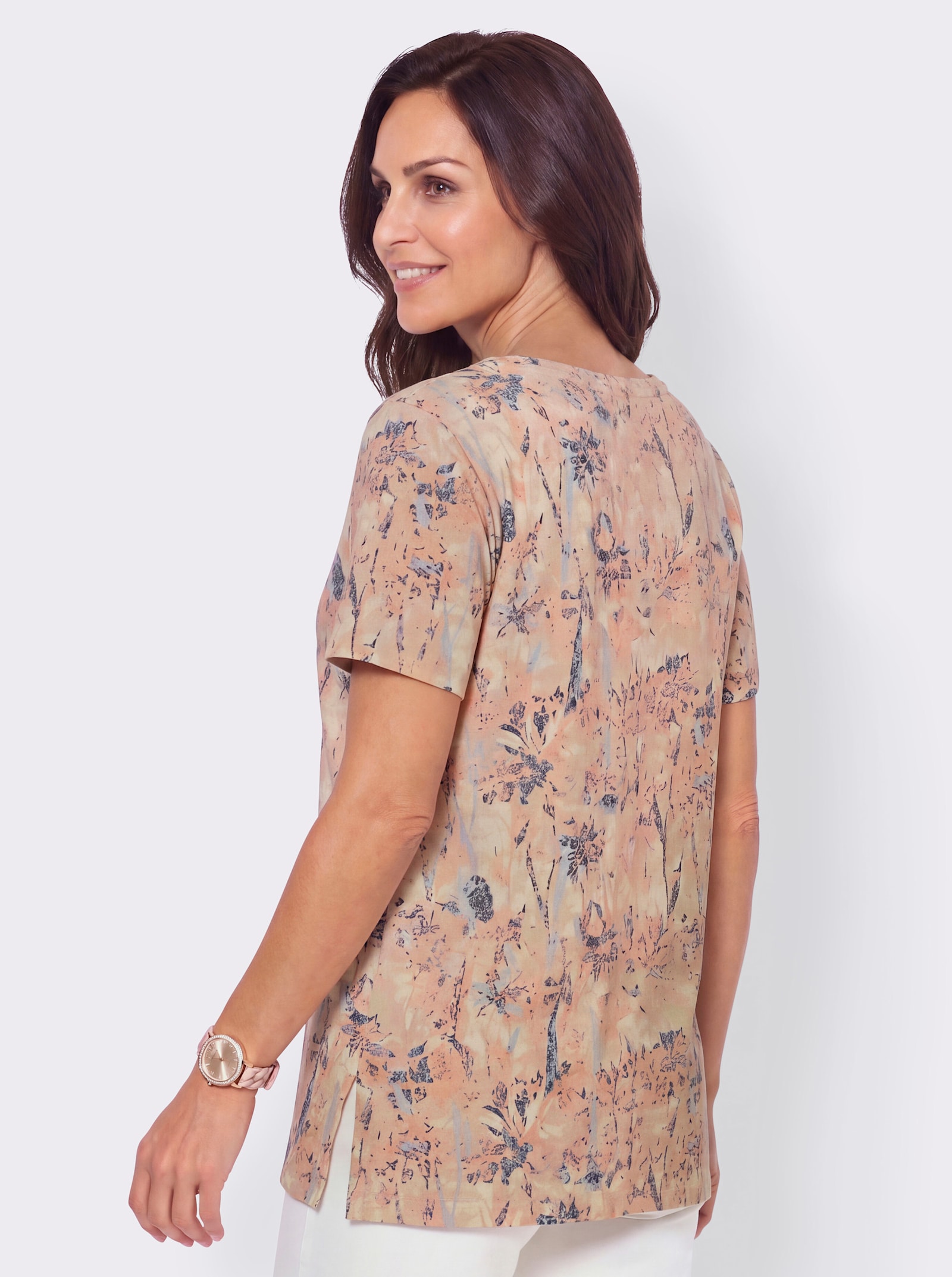 Longshirt mit Zierknöpfen - sand-bleu-bedruckt
