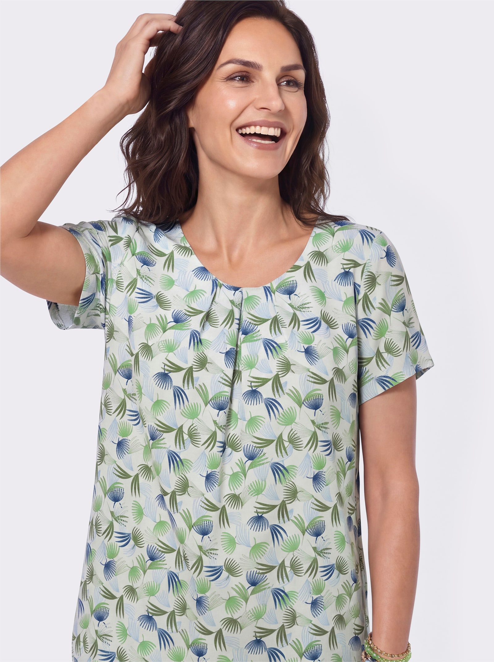 Druckbluse mit Seitenschlitzen - reseda-eisblau-bedruckt
