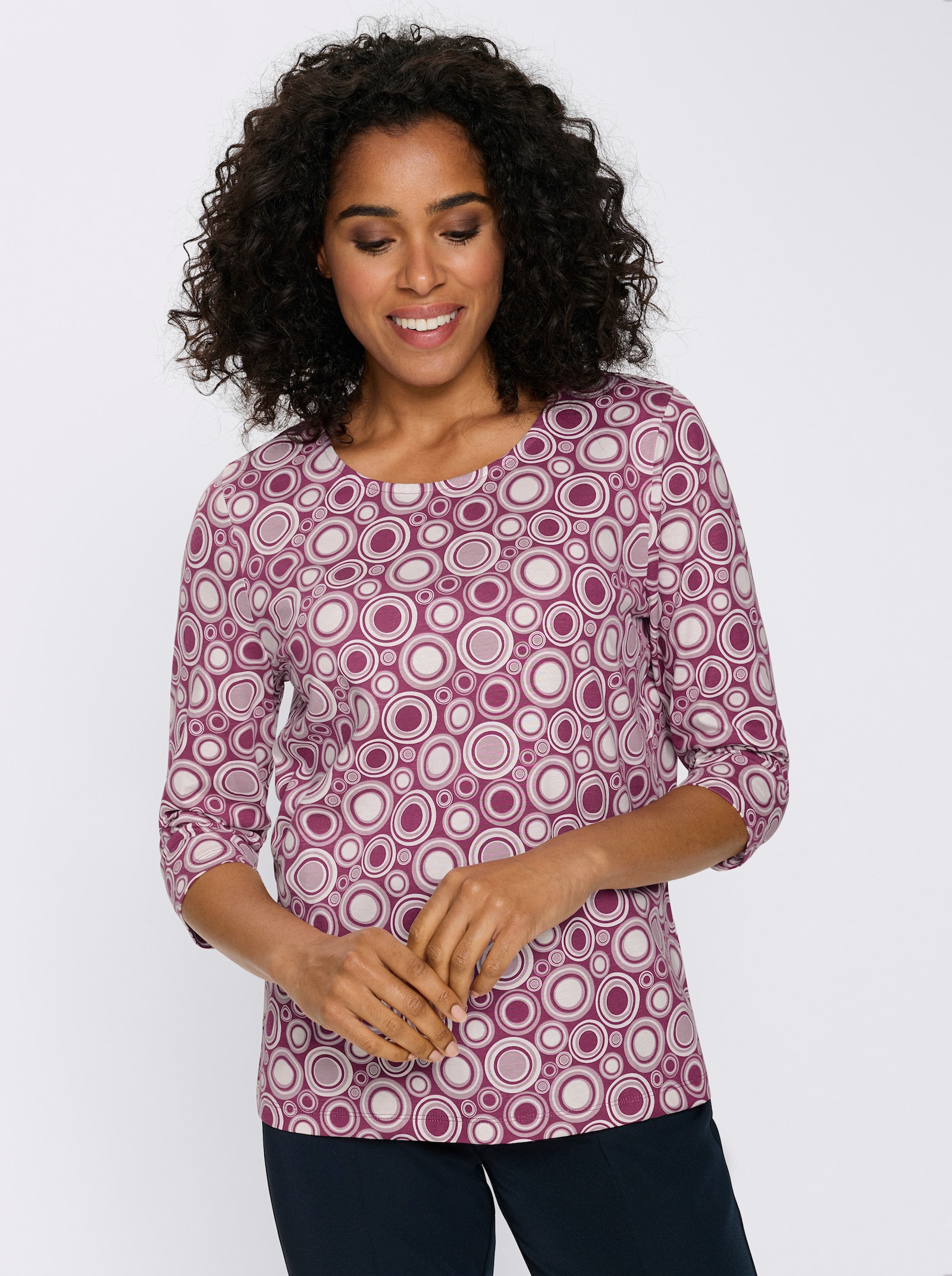 3/4-Arm-Shirt mit Kreise-Muster, Baumwolle - mauve-ecru-gemustert