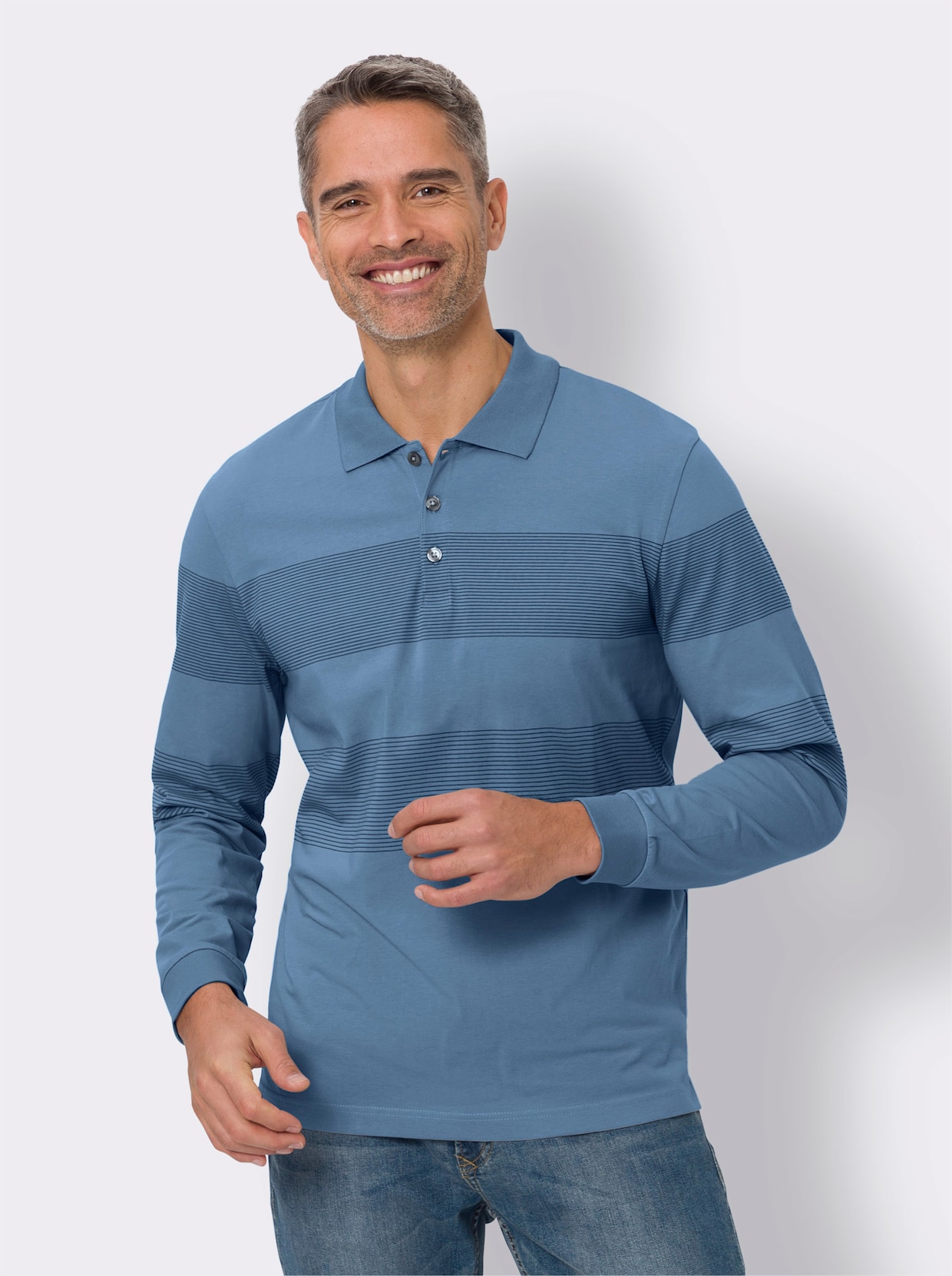 Langarm-Poloshirt - mittelblau-rauchblau