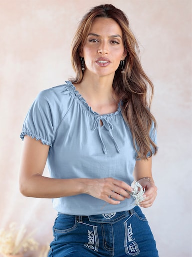 Trachtenshirt mit Rüschen und Bindeband - eisblau