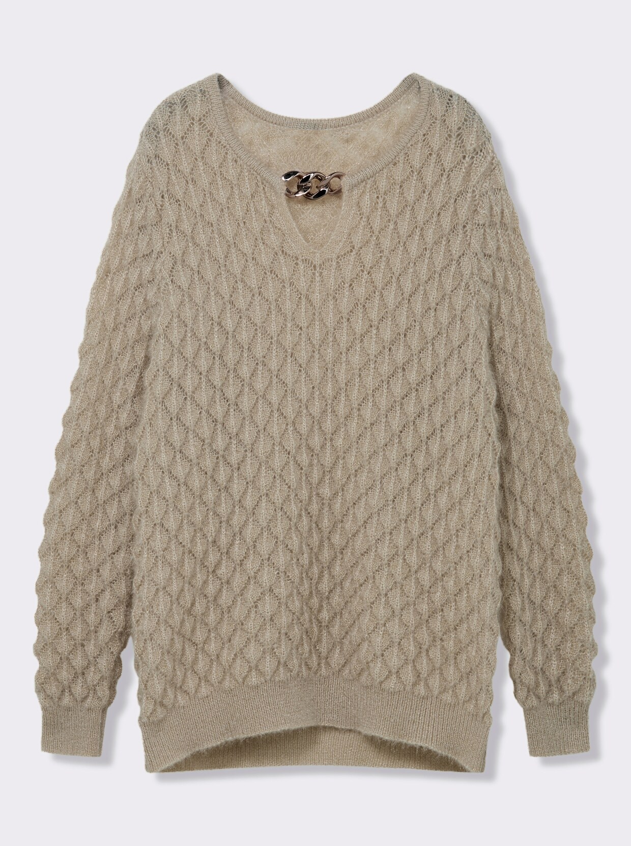 Ajourpullover mit Ketten-Applikation - sand