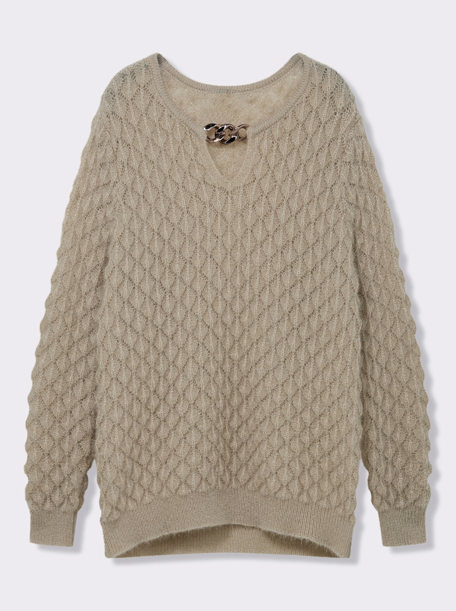 Ajourpullover mit Ketten-Applikation - sand