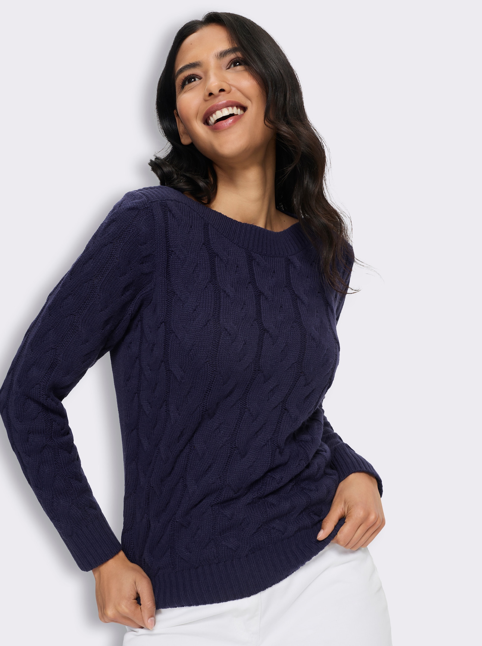 Langarm-Pullover mit Zopfmuster - marine