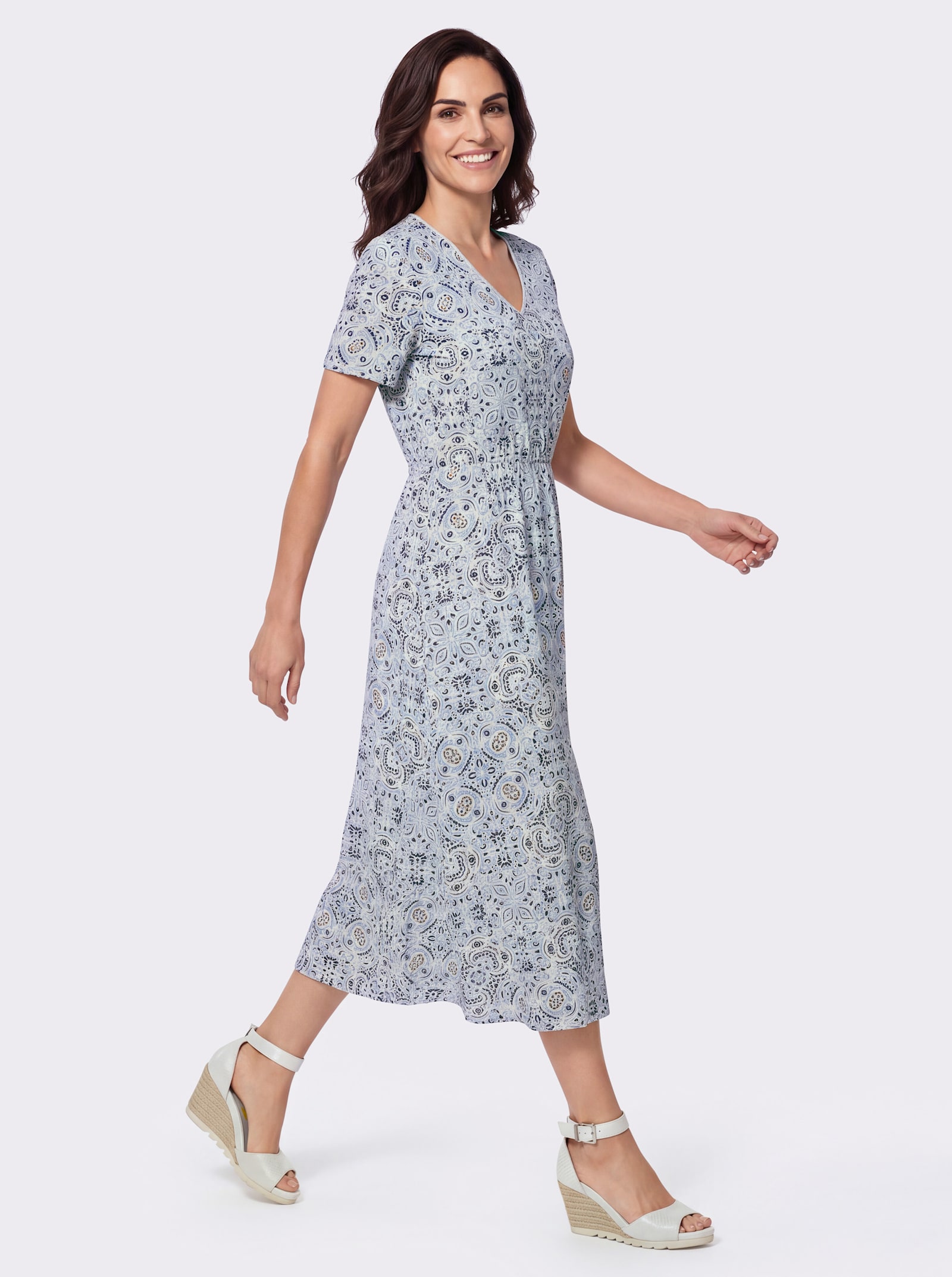 Druckkleid in Viskose-Qualität - ecru-bleu-bedruckt