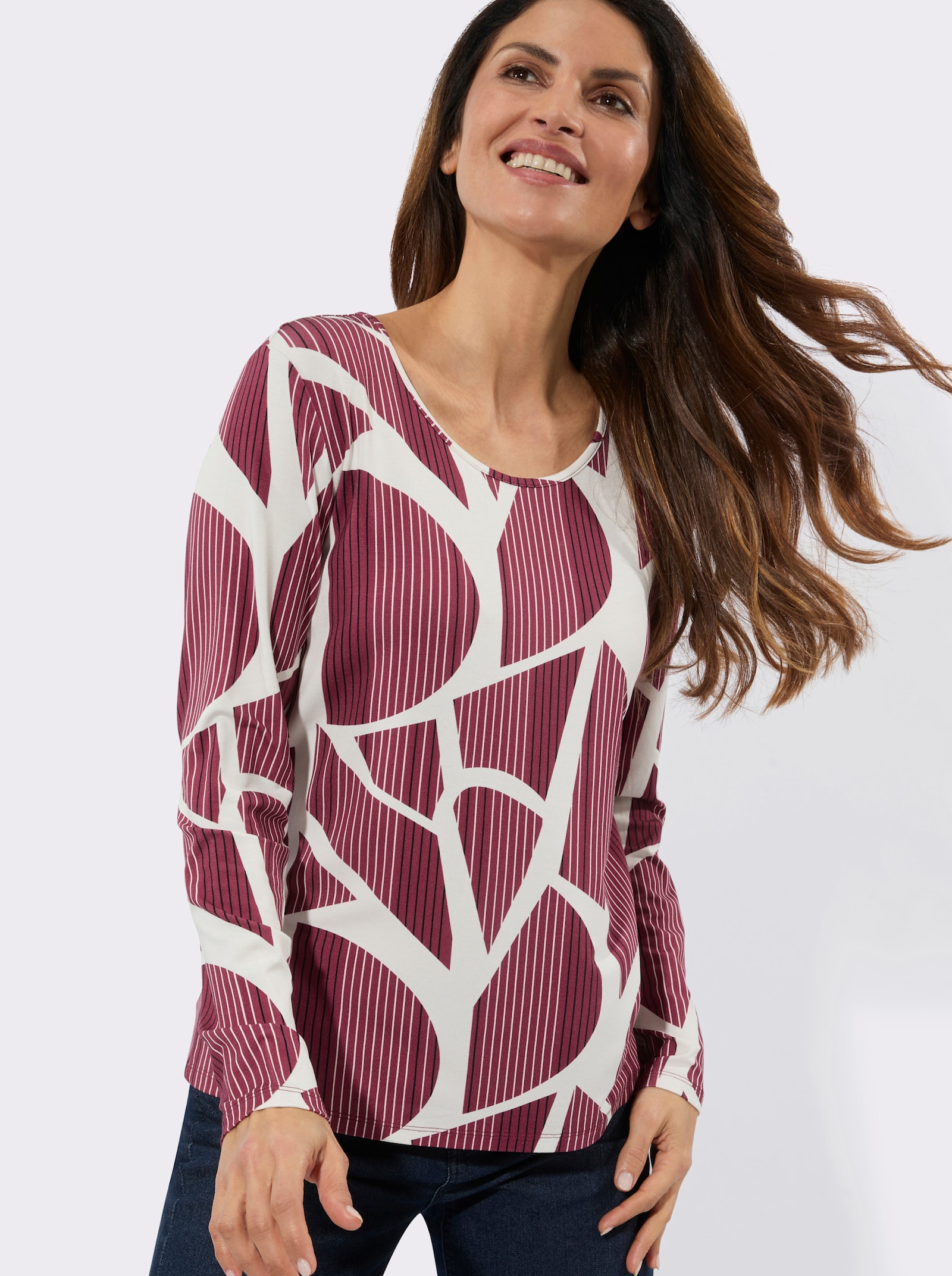 Rundhalsshirt mit Grafik-Muster - bordeaux-ecru-bedruckt