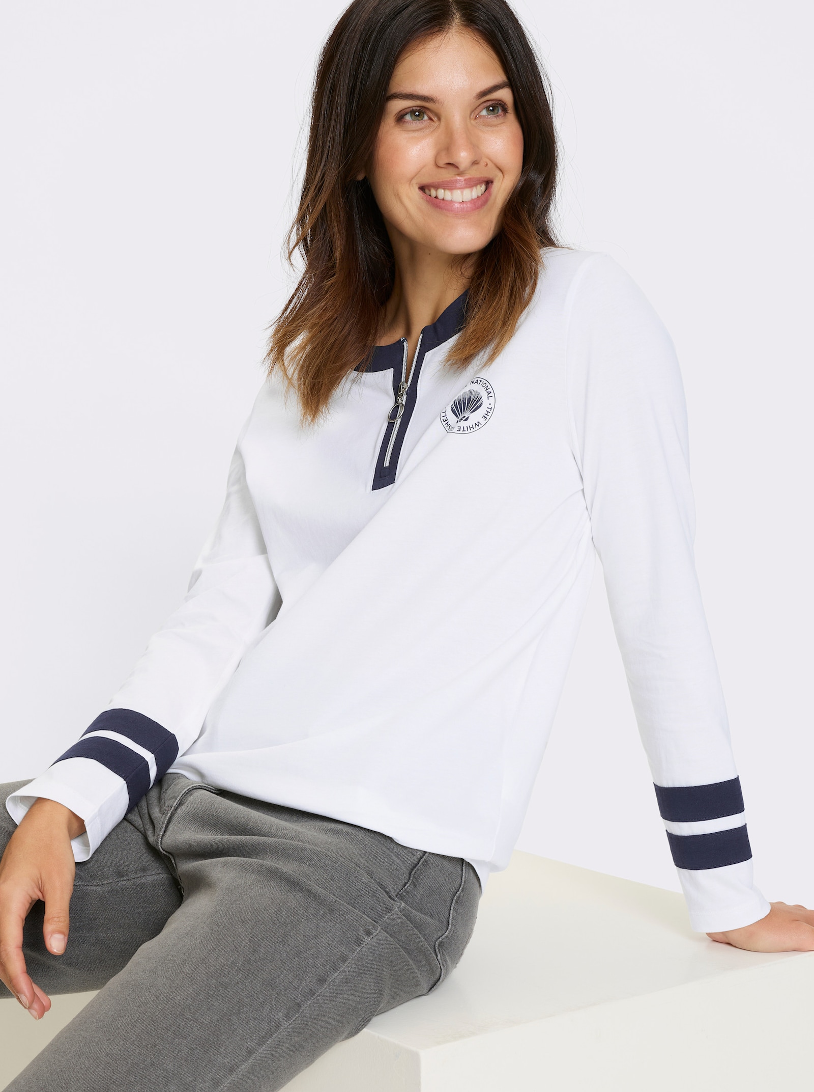 Langarmshirt mit Kontrast-Streifen - weiß-marine