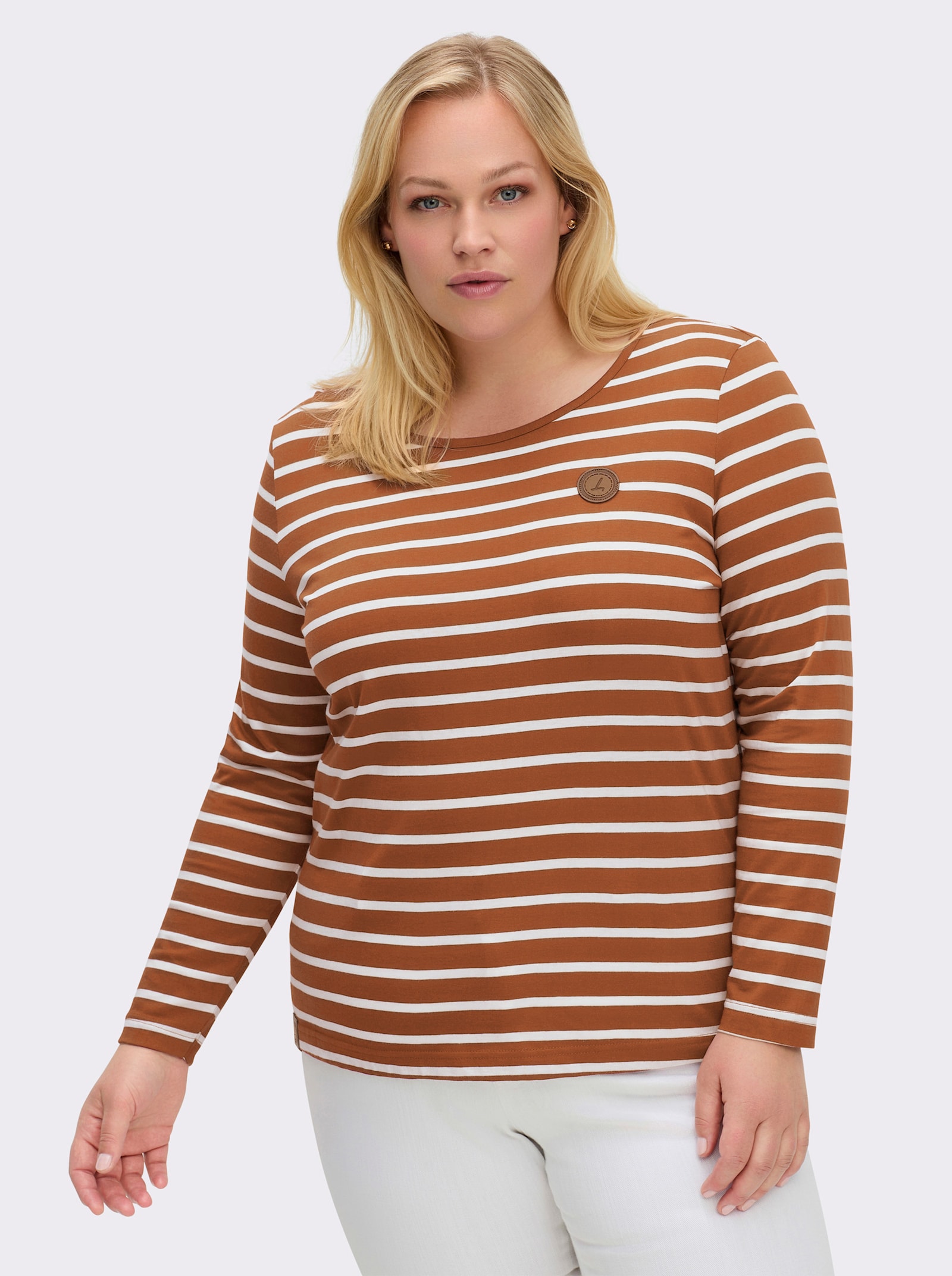 Ringelshirt mit Lederimitat-Patches - cognac-ecru-gestreift