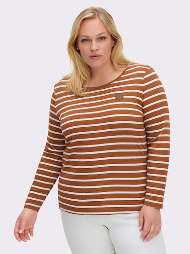 Ringelshirt mit Lederimitat-Patches - cognac-ecru-gestreift