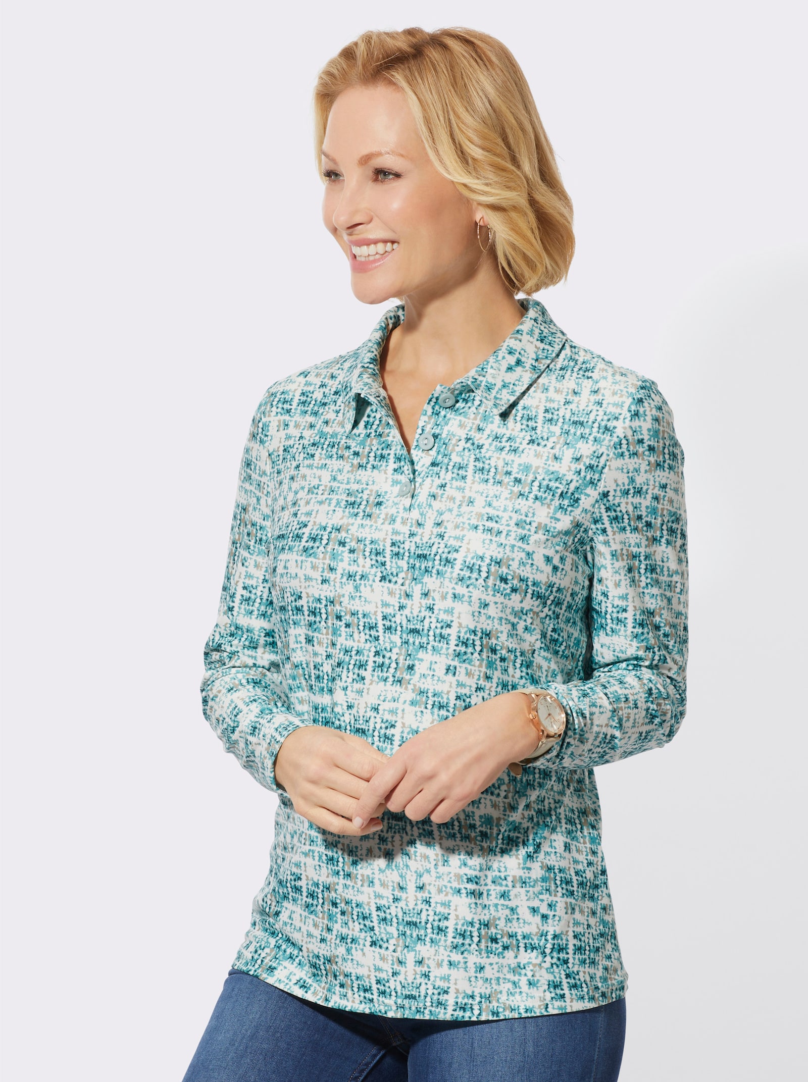 Poloshirt in leicht angerauter Winter-Qualität - ecru-ozean-bedruckt